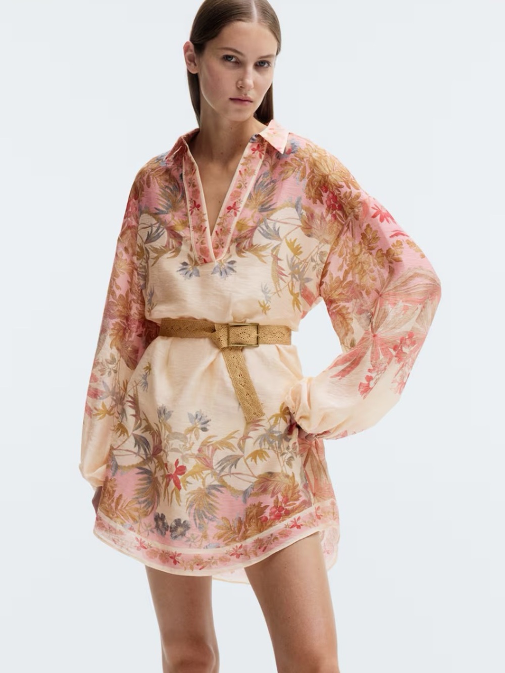 H&M NWT FLORAL BEIGE , PINK LINEN-BLEND TUNIC DRESS
